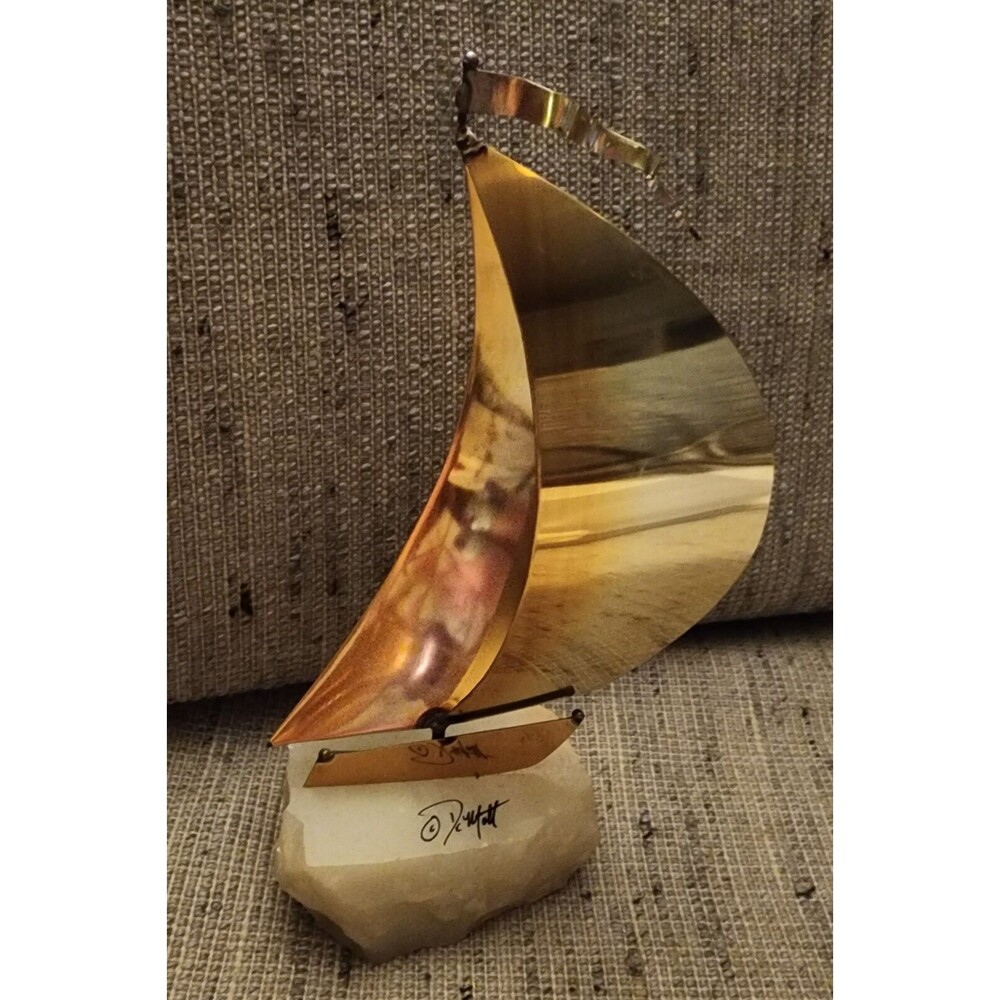 Vintage 1975 DeMott Signed Brass Sails & Marble Base Sailboat Decor Display EuC